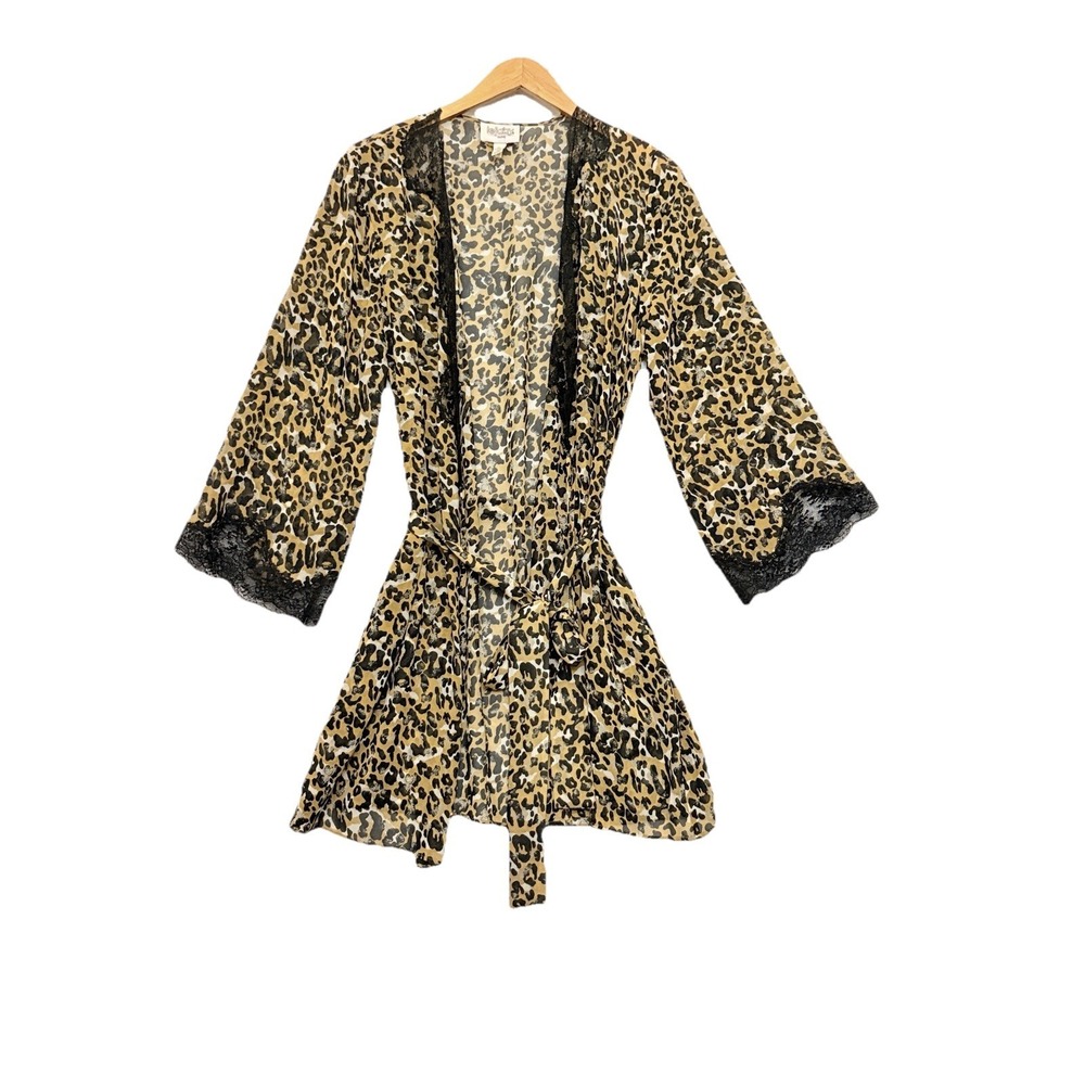Lejaby Paris Kimono Robe S Leopard Print Lace Trim Belted Nightgown Sexy Elegant